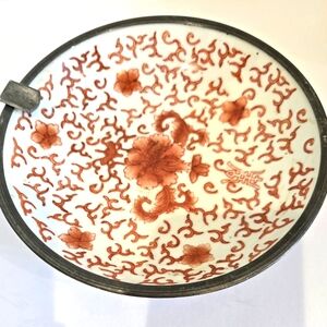 Japanese Porcelian Ware Pewter Encased Bowl Ashtray 8" Diameter